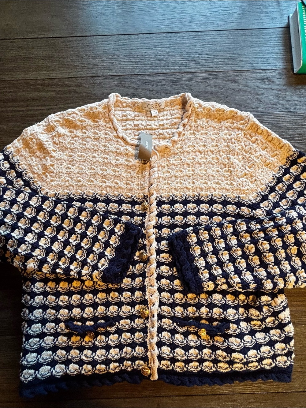 J. Crew Navy and Cream Textured Button Cardigan